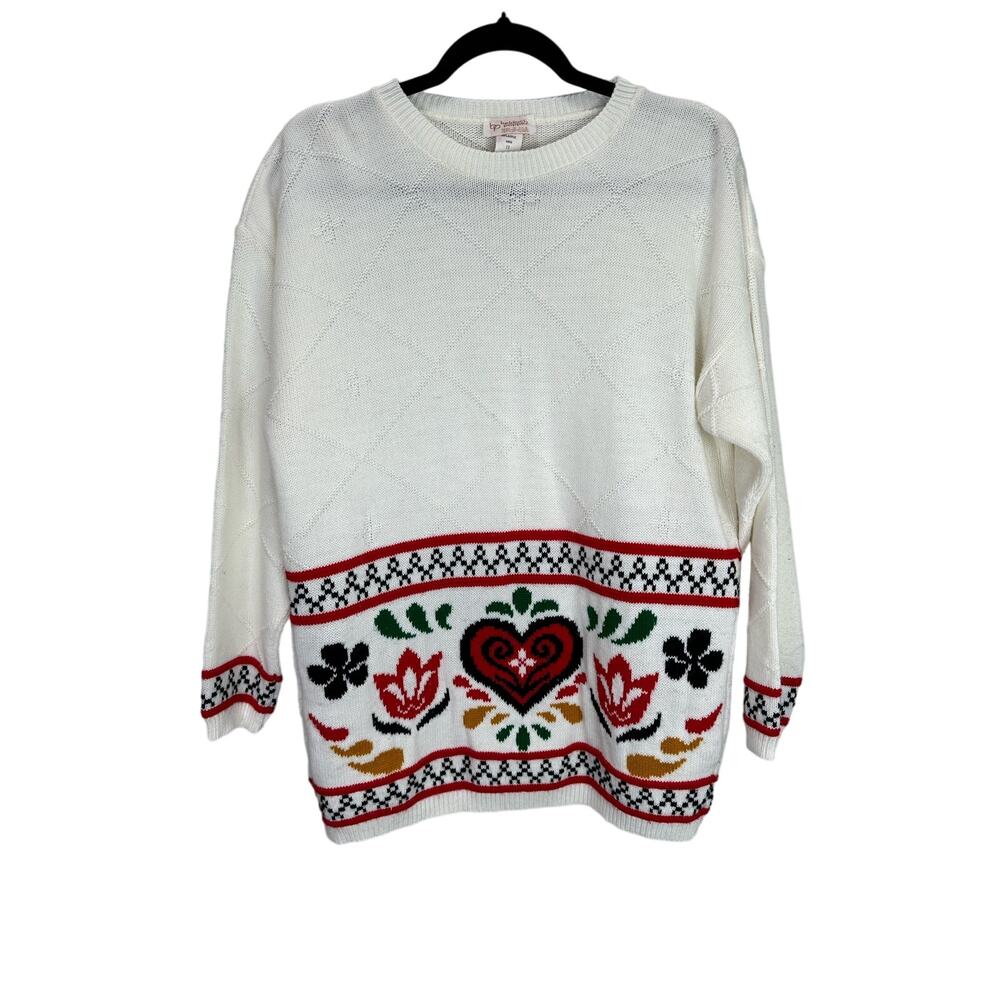 Vintage 80s Beldoch Popper USA Made Floral Heart Knit Grandma Sweater size Large